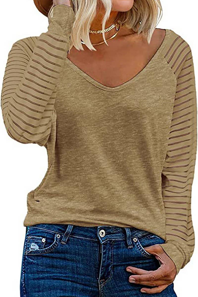 CWTTL00995_SPRING AND AUTUMN STRIPED V-NECK TOP