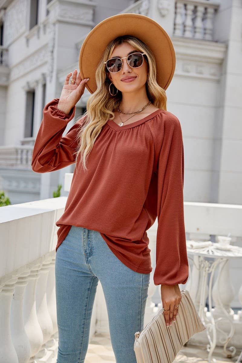 CWTBLL2413_SOLID COLOR LONGSLEEVE V-NECK PLEATED T-SHIRT TOP
