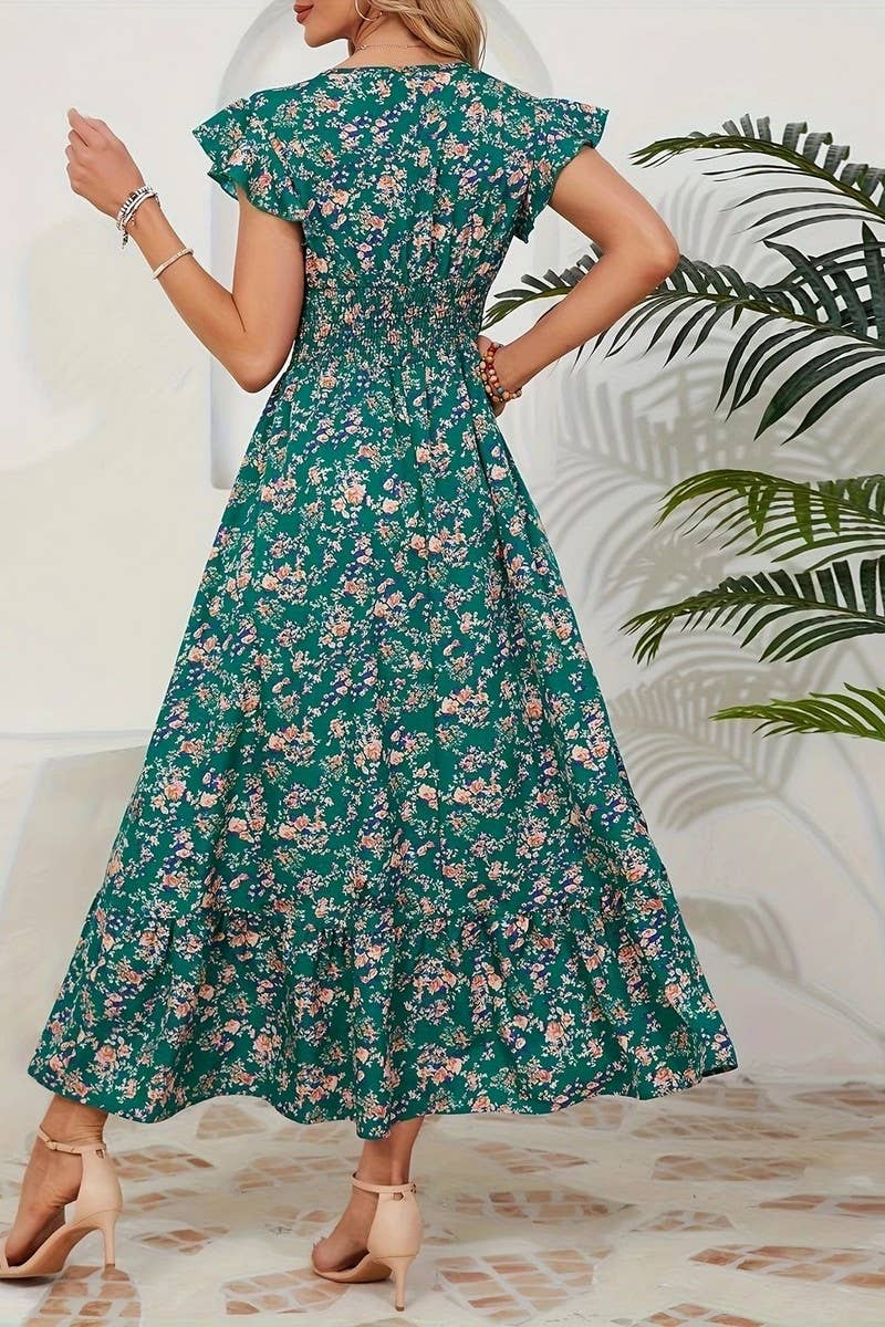 CWDMD6114_V-NECK FLORAL FRENCH STYLE SHORT SLEEVE DRESS