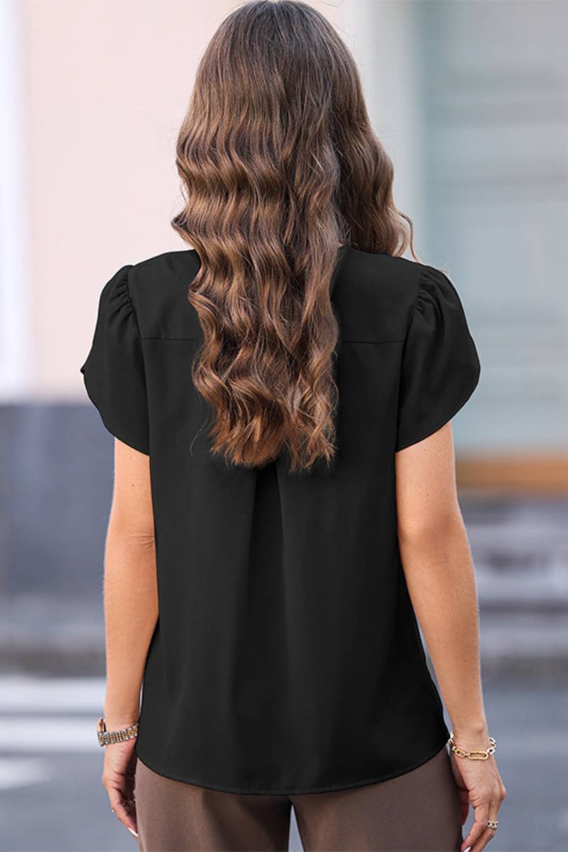 CWTBLS1395_SEMI-HIGH-NECK SOLID COLOR SHORT-SLEEVED TOP