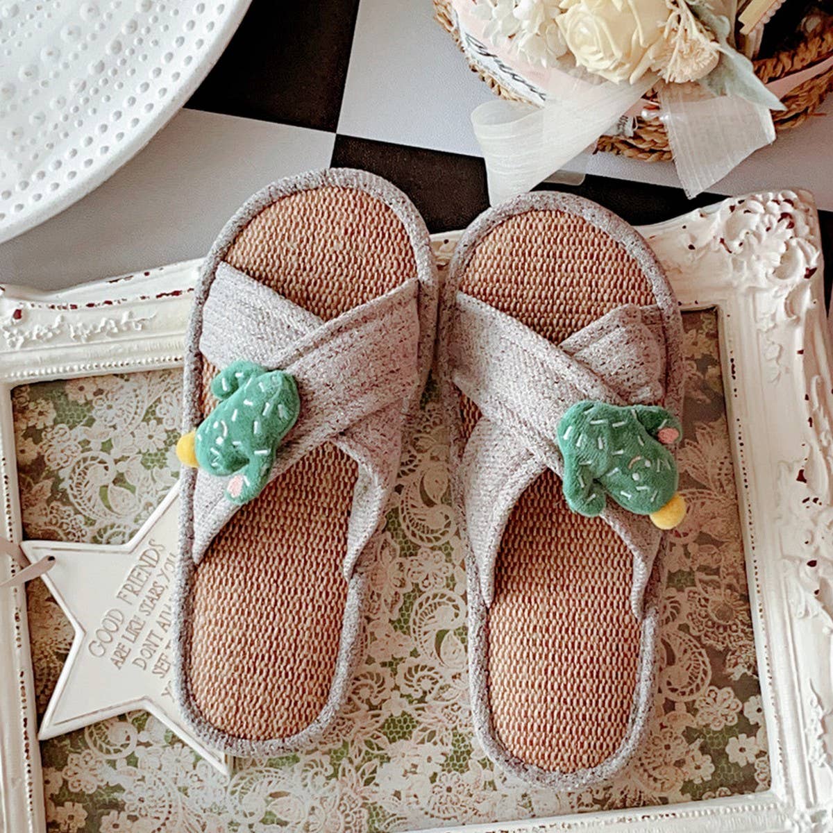 RETRO CROSS LINEN NON-SLIP SLIPPERS FOR WOMEN_CWMM2948