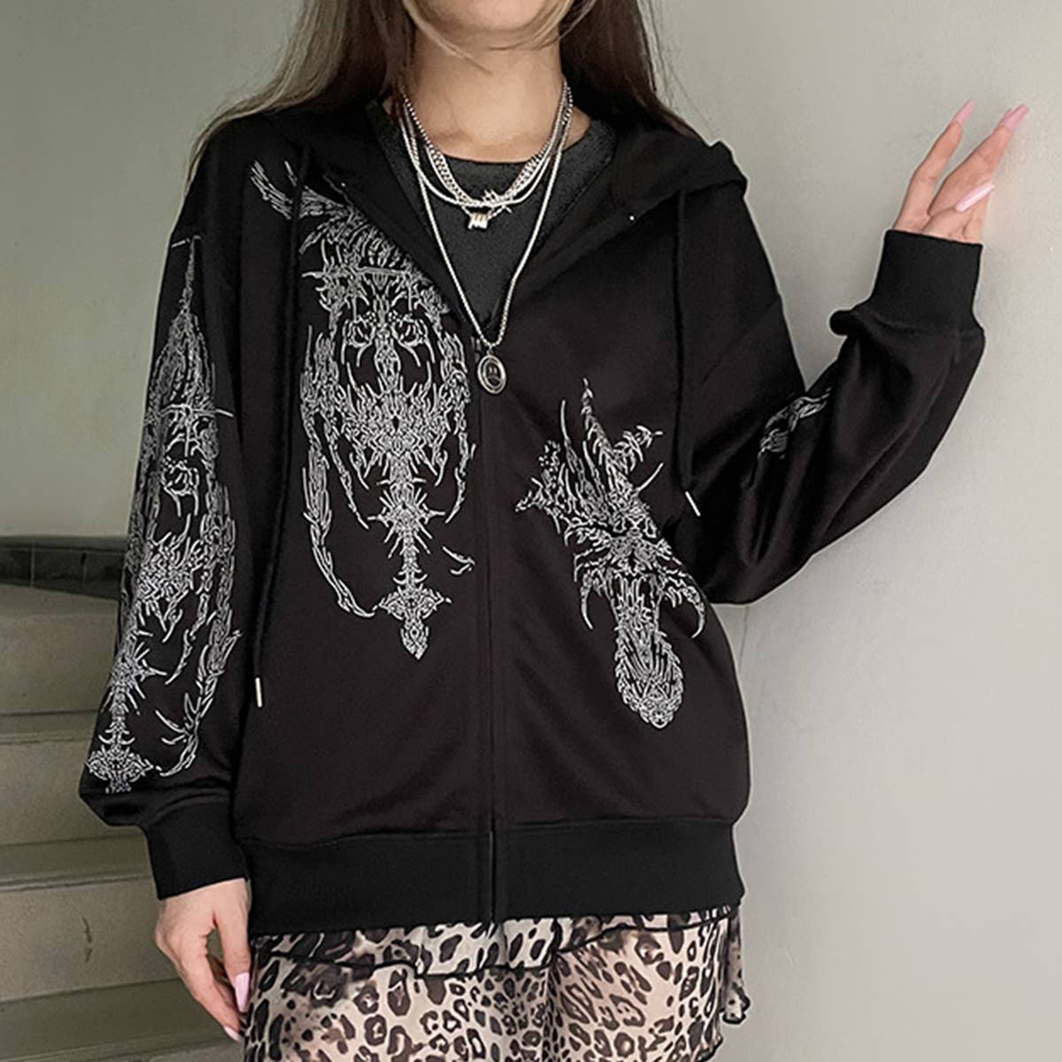 DARK STYLE VINTAGE PRINT LOOSE ZIPPER JACKET