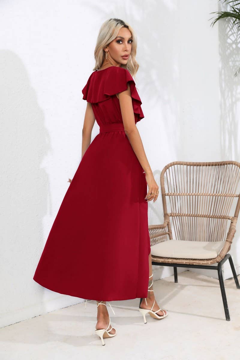 CWDMD1336_V-Neck Short Ruffle Sleeve With Belt Dress