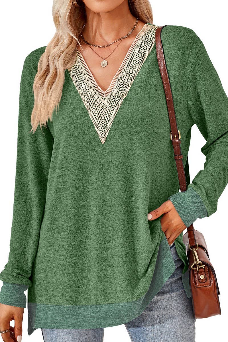 CWTBLL3660_AUTUMN NEW V-NECK LACE SOLID COLOR LOOSE T-SHIRT