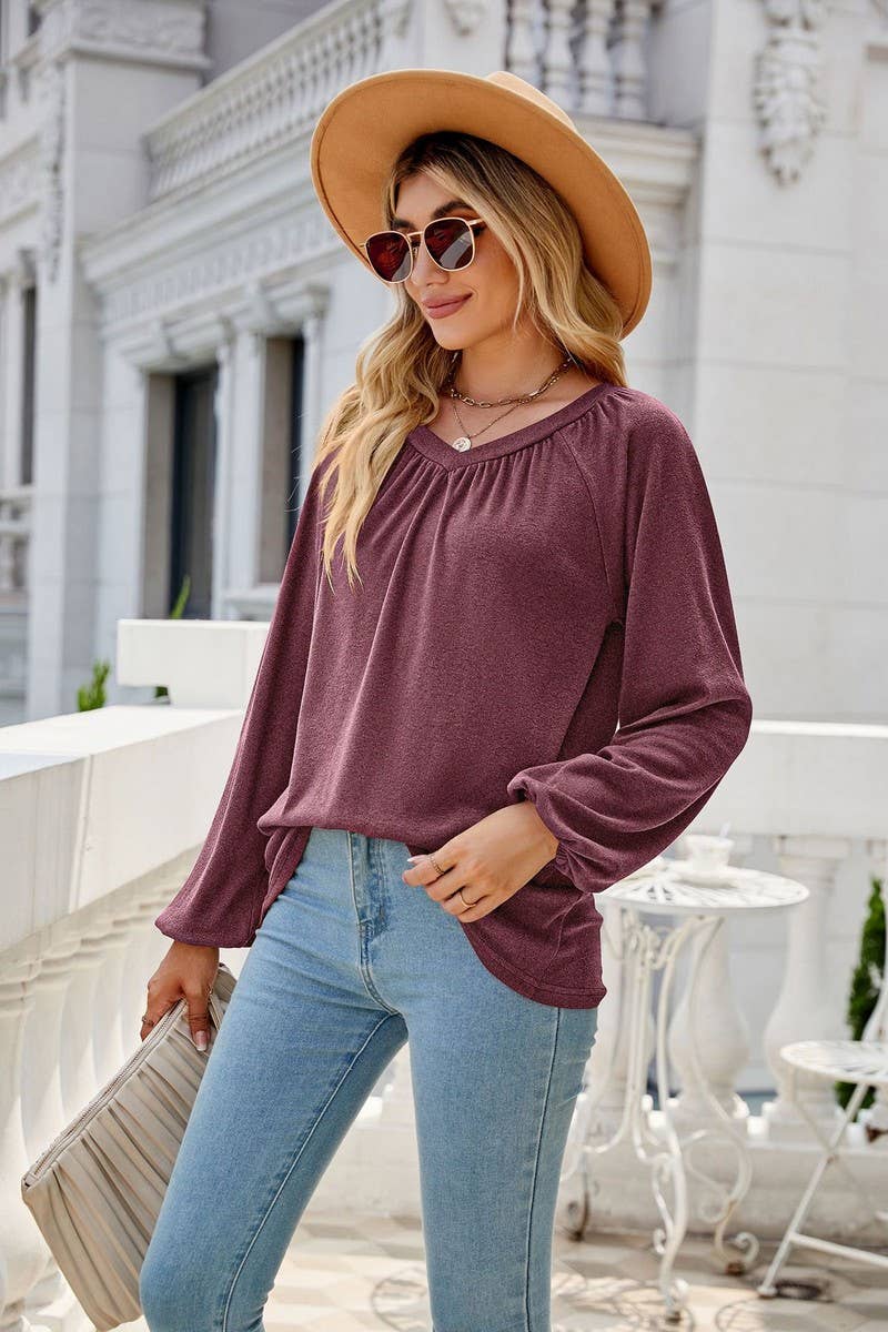 CWTBLL2413_SOLID COLOR LONGSLEEVE V-NECK PLEATED T-SHIRT TOP