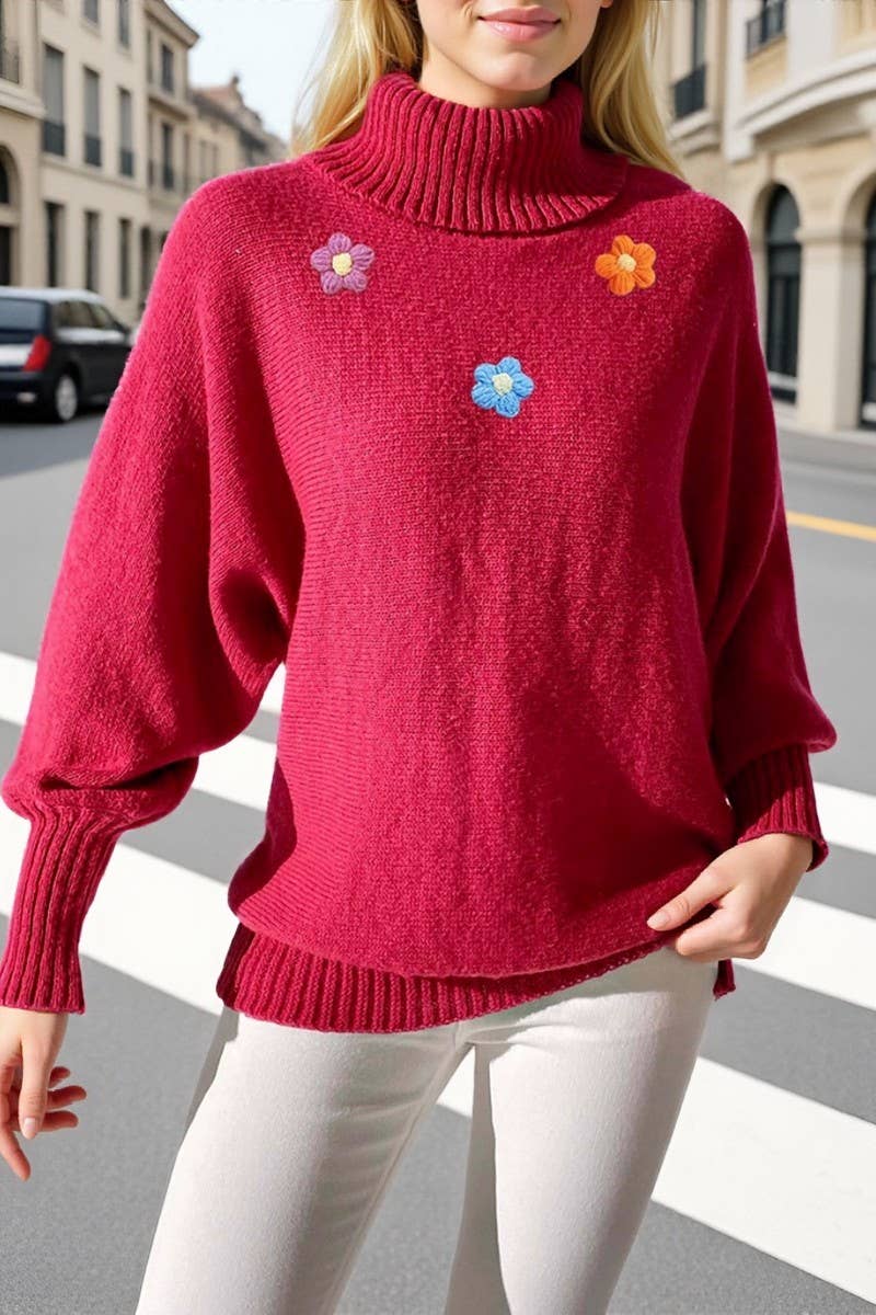 CWOCO00193_WOMEN TURTLENECK SOLID KNIT SWEATER WITH CROCHET