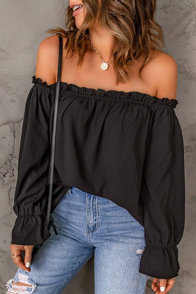 CWTBLL3753_SOLID COLOR PULLOVER OFF-SHOULDER CHIFFON SHIRT