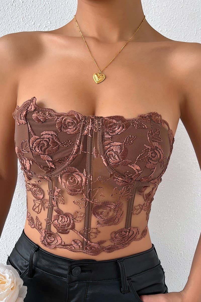 CWTTK0740_3D FLOWER STITCHED UNDERWIRE BANDEAU TANK TOP