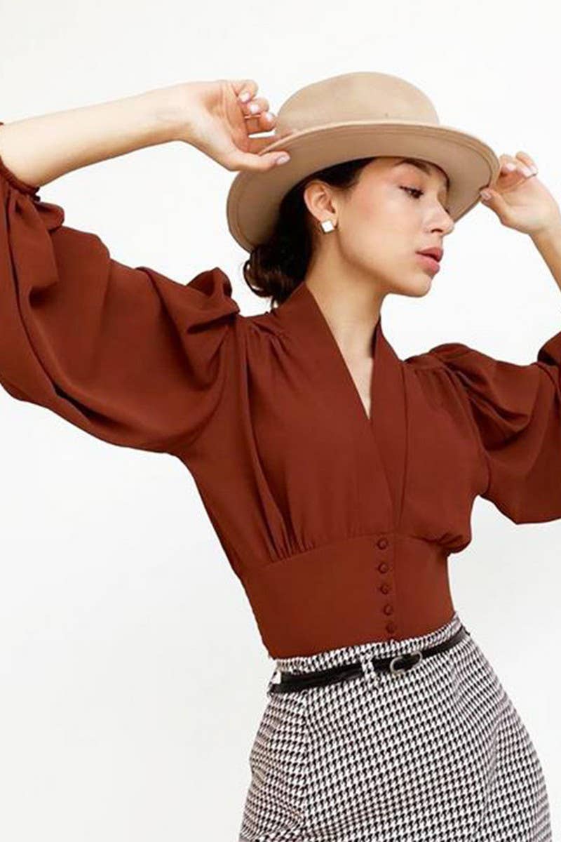 CWTBLL3355_V-NECK CROPPED NAVEL-BARING CHIFFON SHIRT TOP