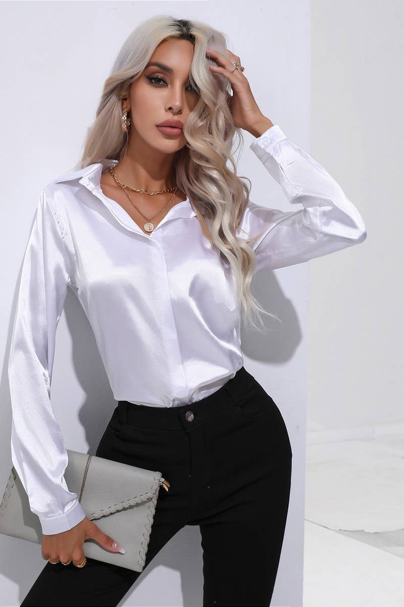 CWTBLL0692_Button Down Silky Satin Long Sleeve Top