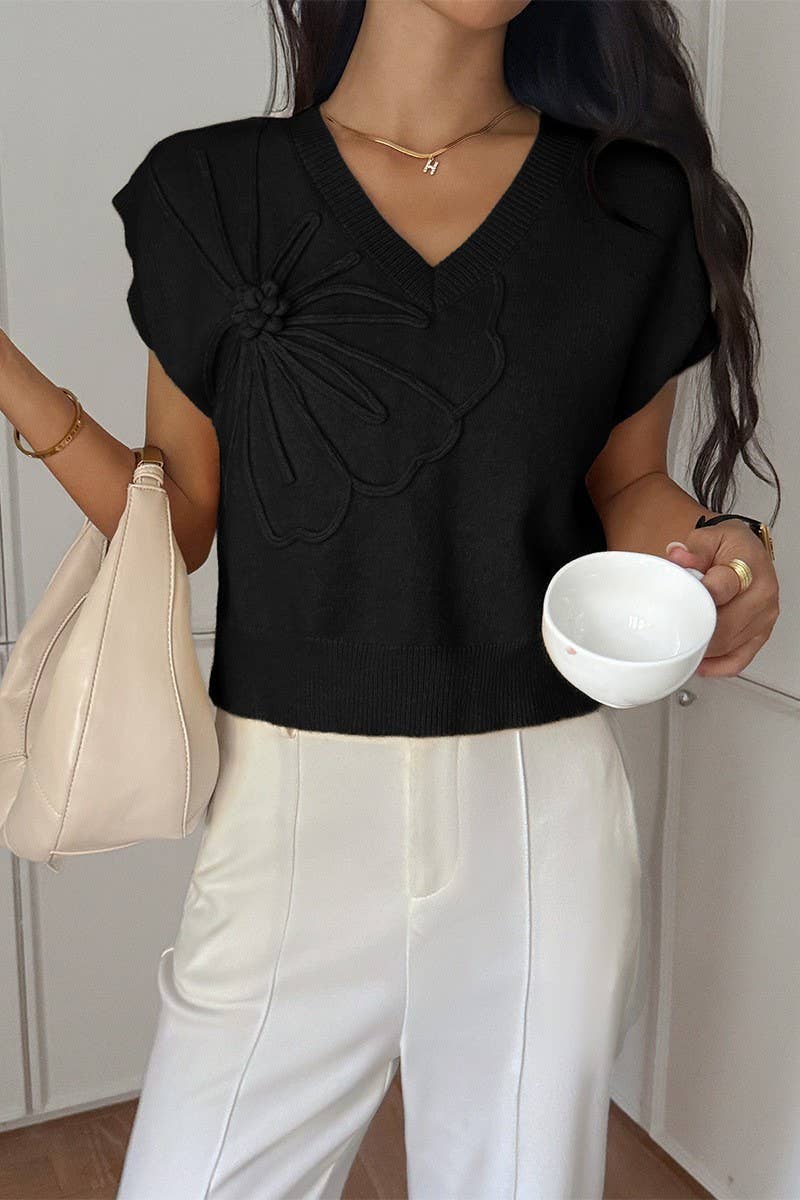 CWOSWS00156_CASUAL SOLID DEEP V SHORT SLEEVE SWEATER