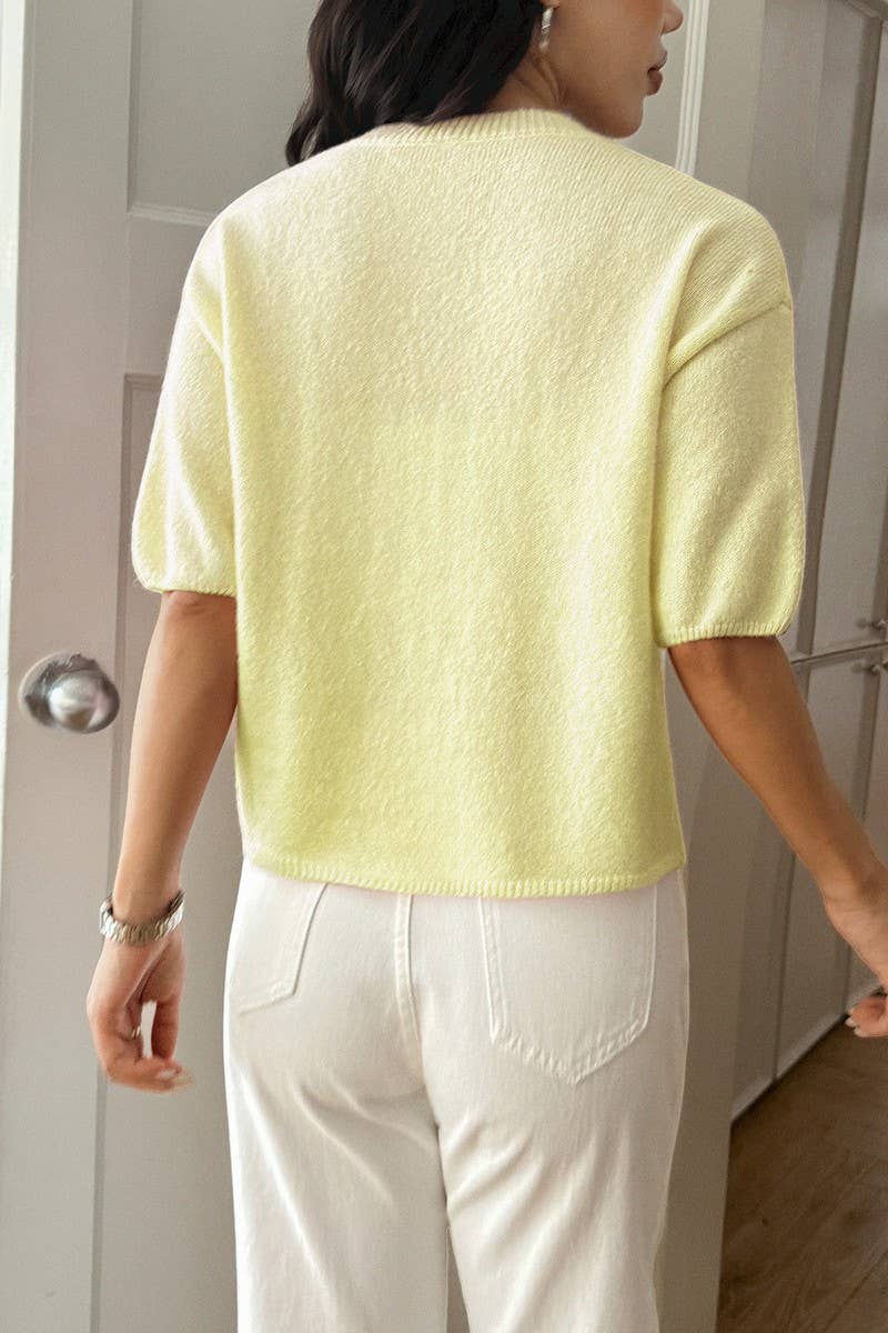 CWOSWS00158_SOLID COLOR SHORT-SLEEVED PULLOVER KNITTED TOP
