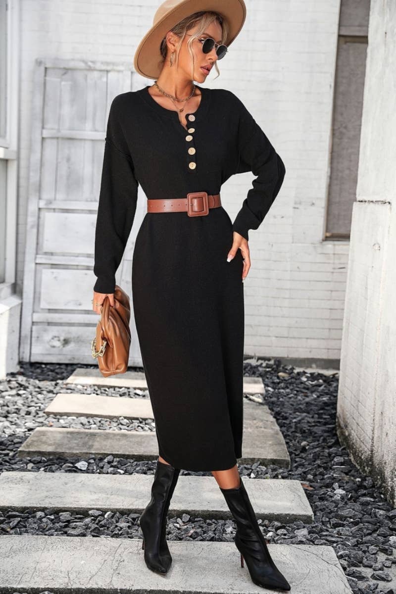 CWDMD538  Long Sleeve Loose V-Neck Button Tops Long Sweater