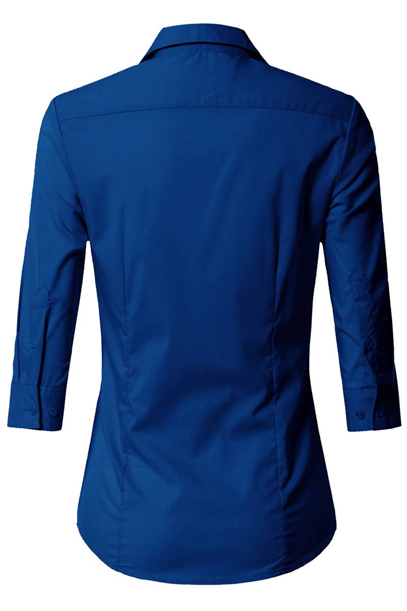 CWTSTS116_Basic Slim Fit Simple 3/4 Sleeve Button Down Shirt