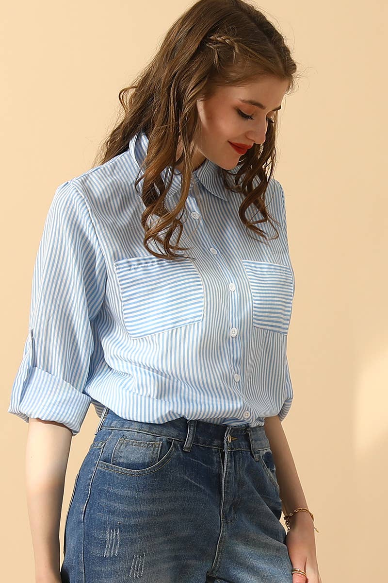 CWTSTL716_Striped Button Down Long Sleeve Collared Shirts