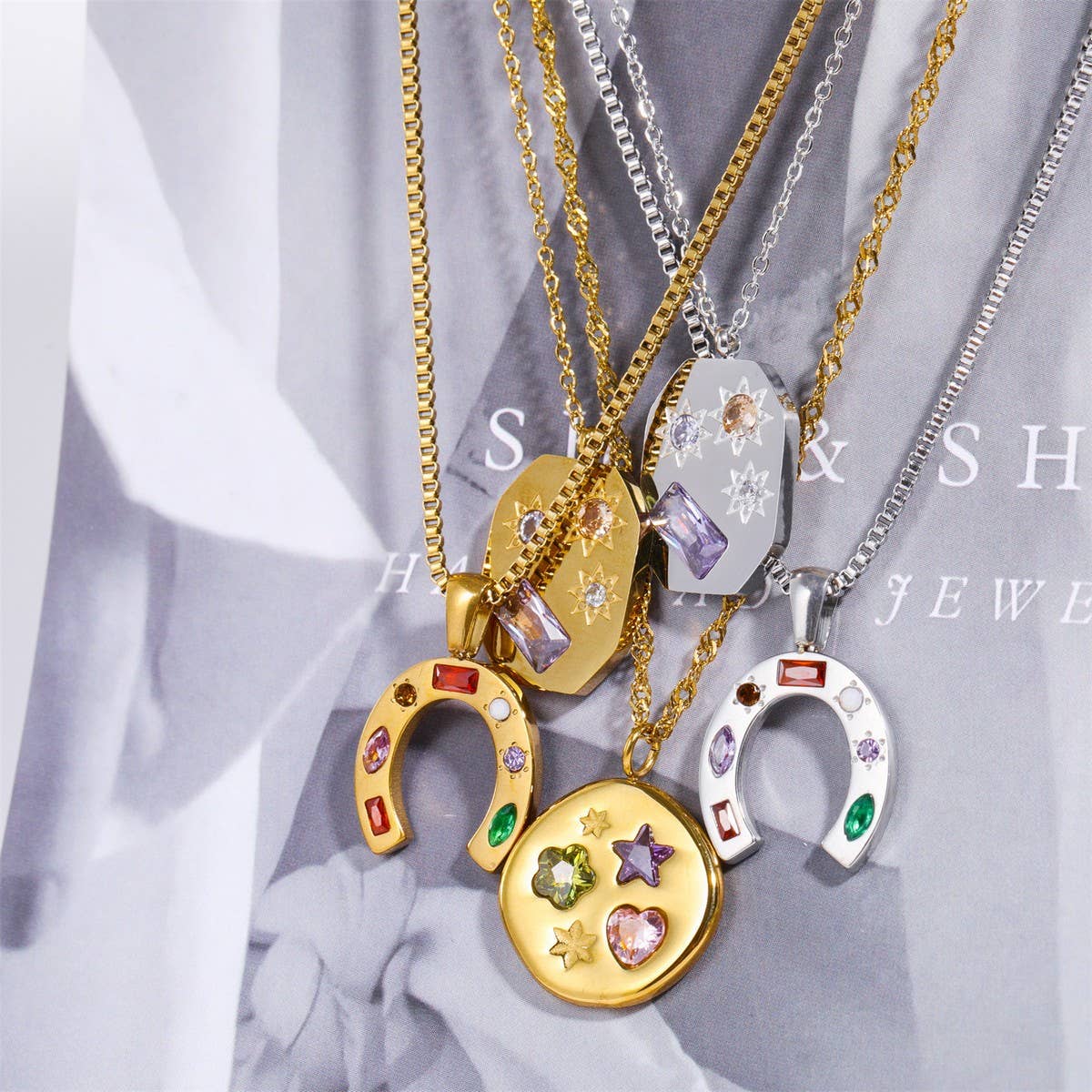 NEW STAINLESS STEEL U-SHAPED ZIRCONIA NECKLACE_CWMM3824