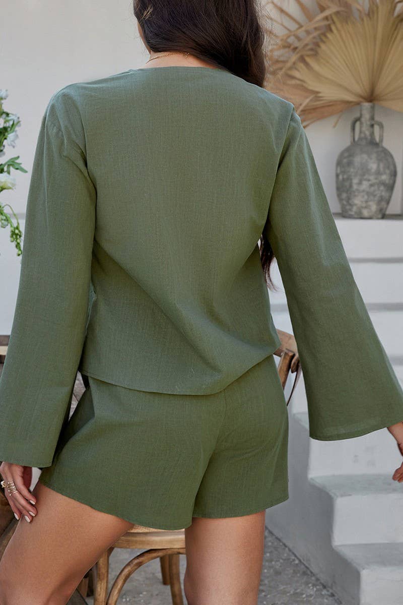 CWSTB1576_SOLID COLOR CARDIGAN LONG-SLEEVED TOP SHORTS SET