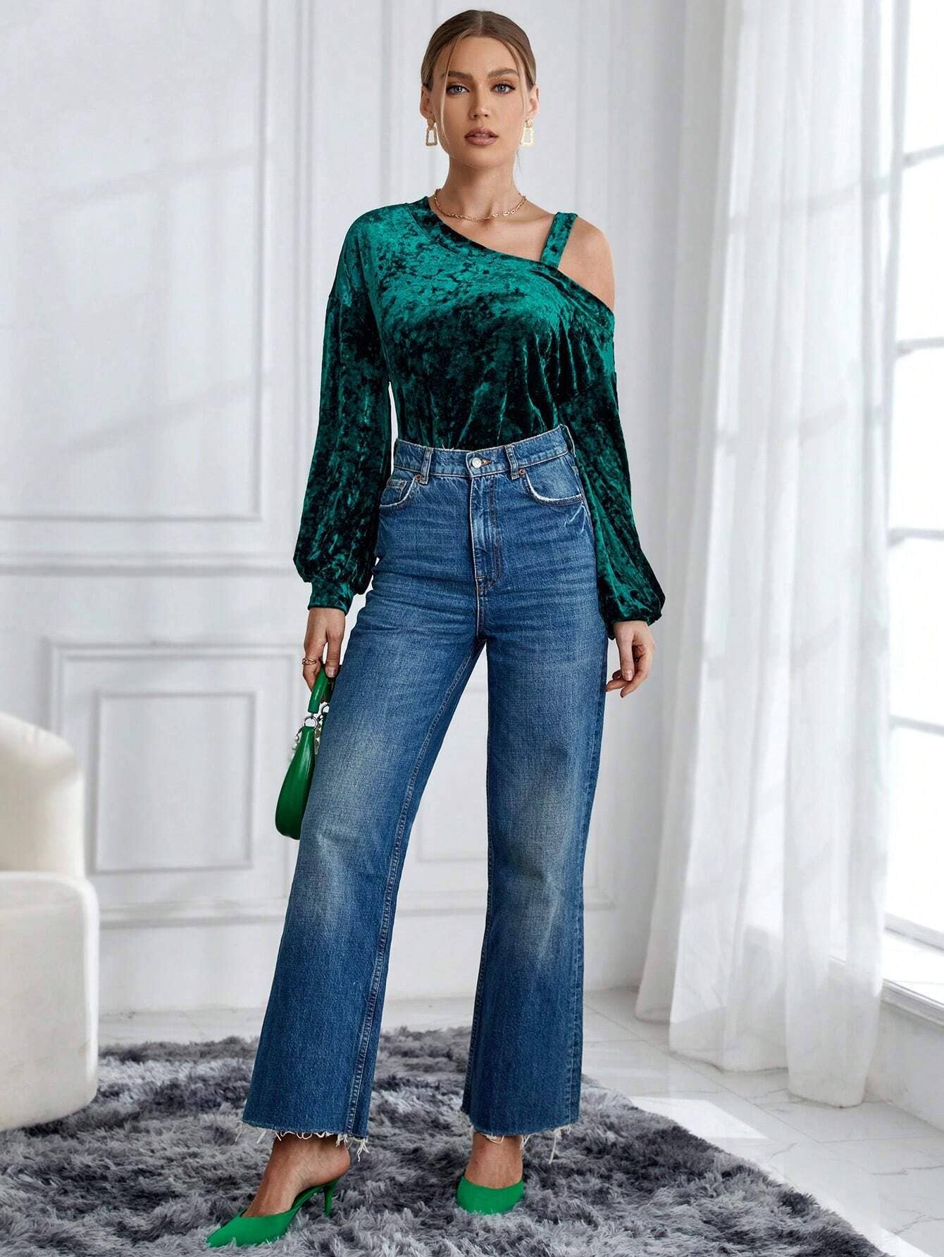 FLUORESCENT LANTERN SLEEVE SHIRT DIAGONAL COLLAR