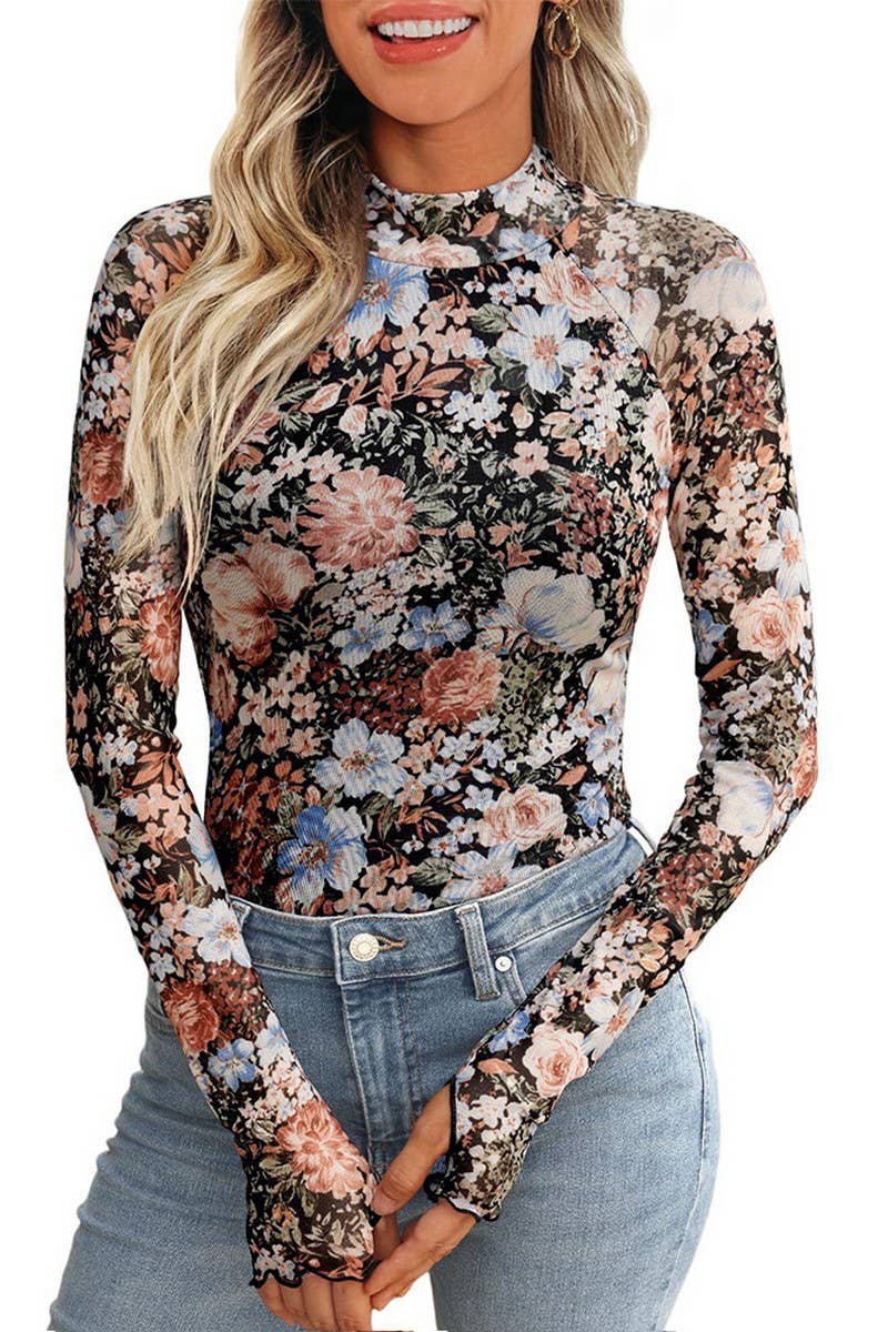 CWTBLL3694_HALF TURTLENECK PRINTED LONG SLEEVE T-SHIRT TOP