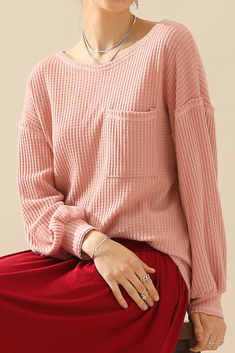 CWTTL1097_SHIRING CUFF R NECK SWEATER KNIT TOP