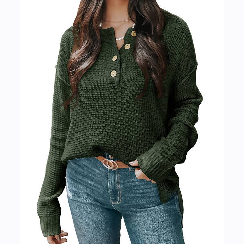 BUTTON-DOWN V-NECK LONG-SLEEVED PULLOVER SWEATER