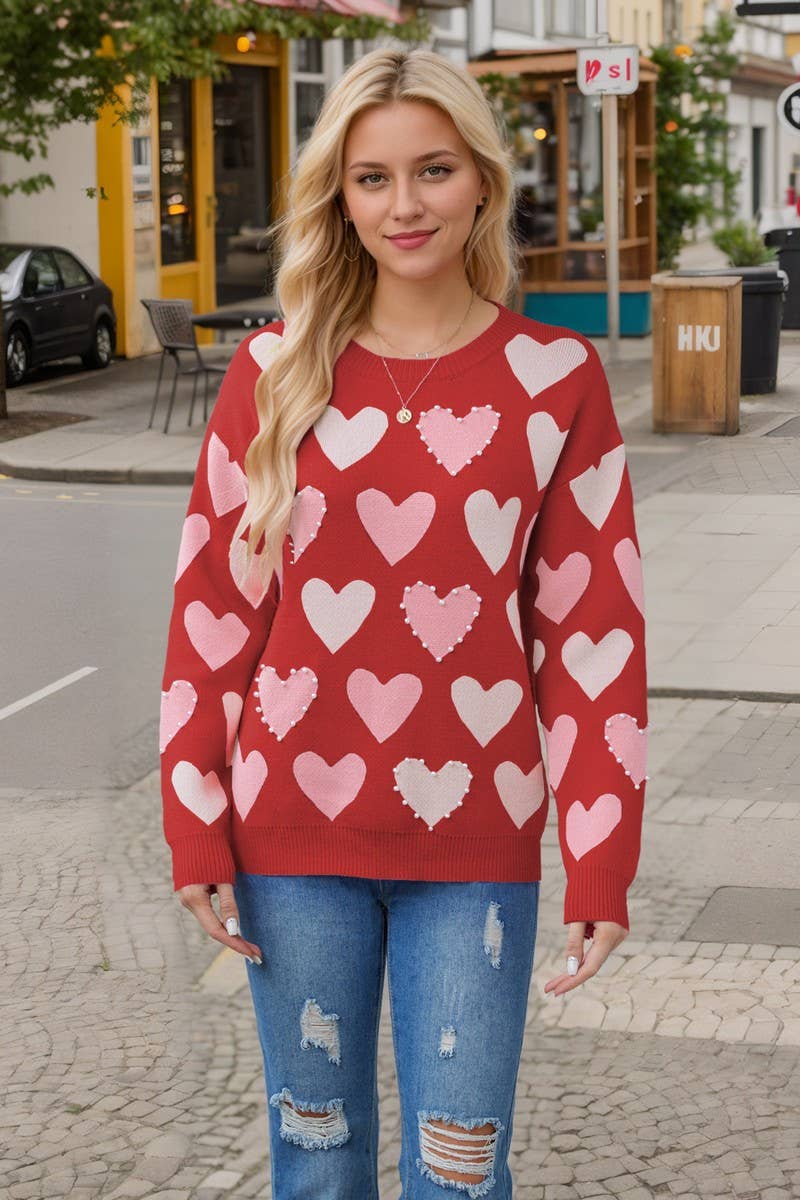 CWOSWL5981_HEART BEADED VALENTINE'S DAY KNITTED SWEATER