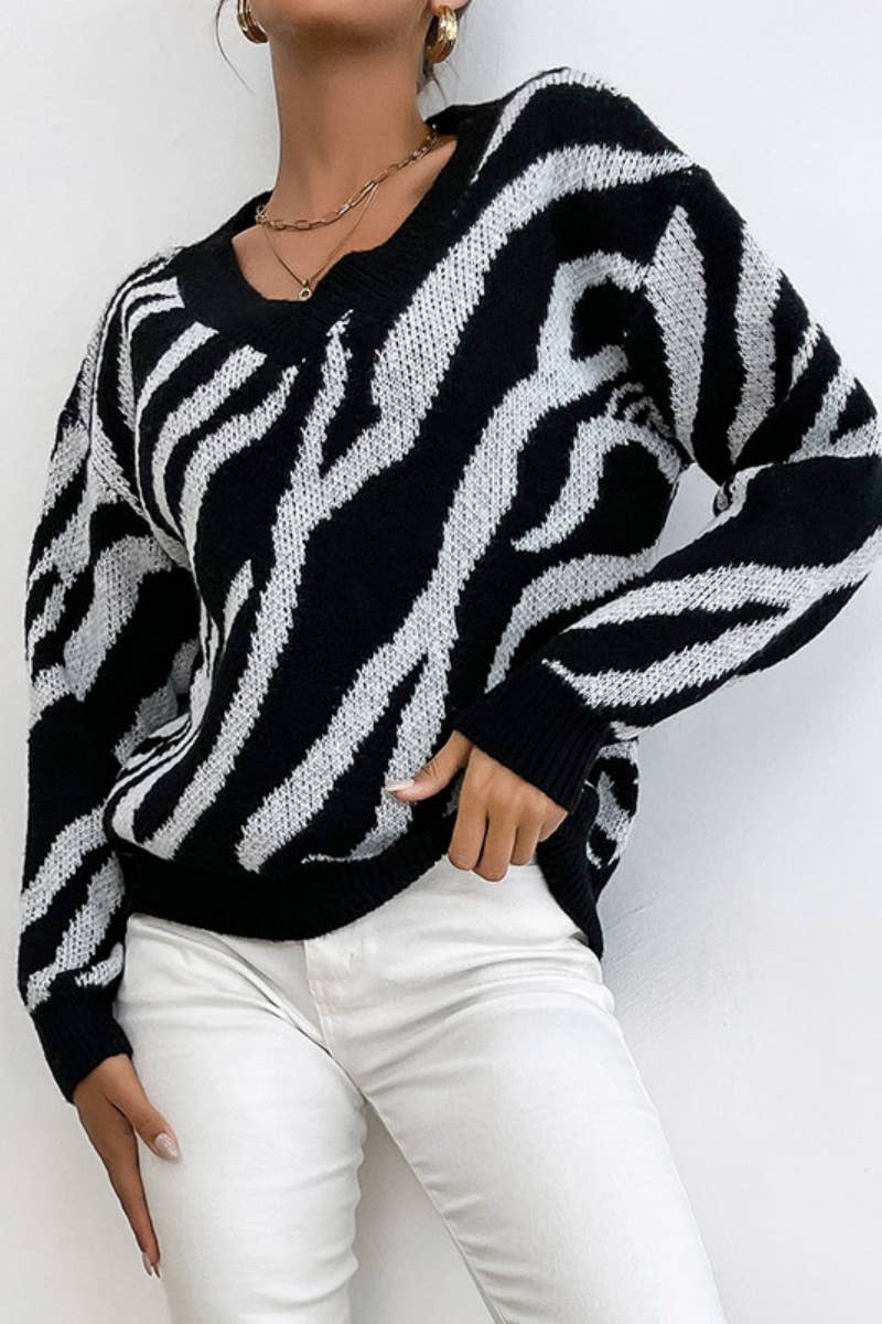 CWOSWL6576_KNITTED V-NECK ZEBRA PRINT LONG-SLEEVED SWEATER