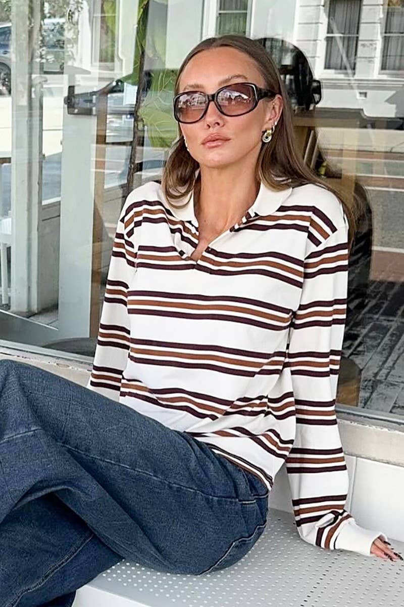 CWTBLL00563_LOOSE STRIPED POLO NECK LONG-SLEEVED TOP
