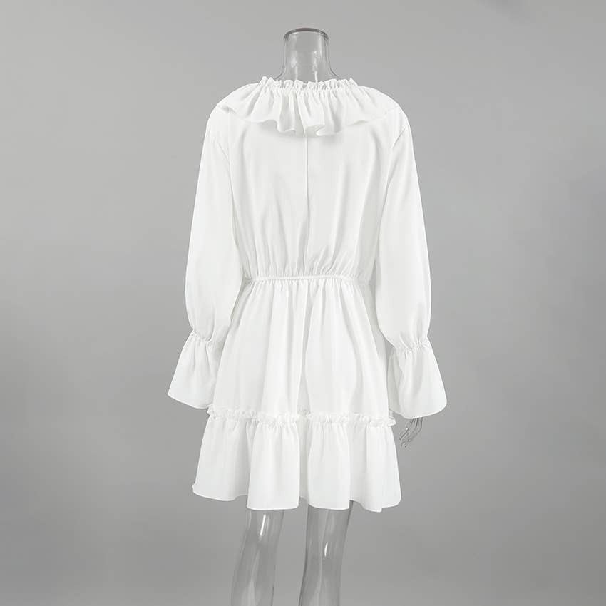 Chic V-neck ruched flare sleeves ruffle dress