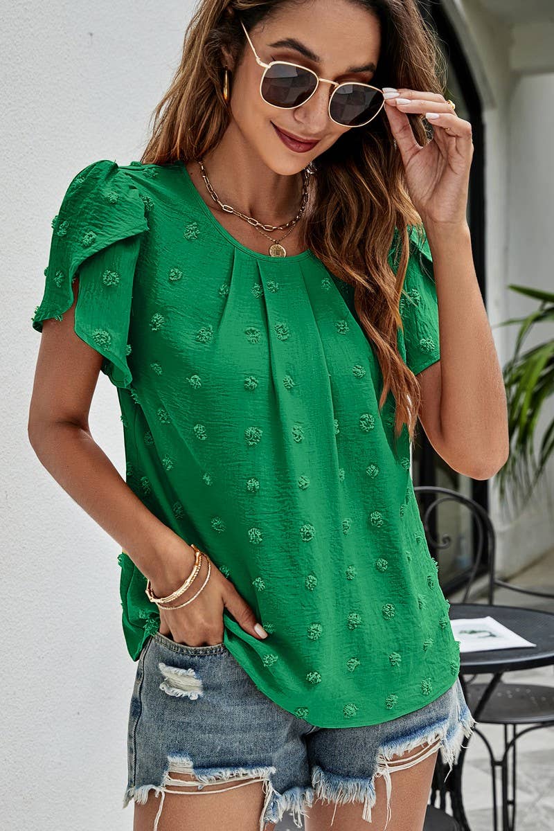 CWTBLS0342_Round neck Short Puff Sleeve Blouse