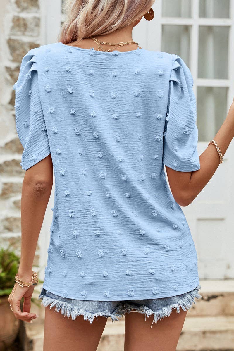 CWTBLS0358_V-Neck Short Puff Sleeve Blouse