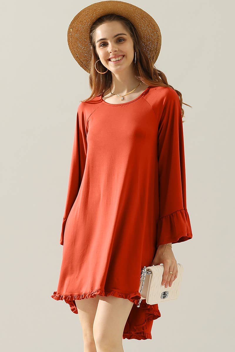 CWDSD10406_RUFFLE DETAIL LONG SLEEVE DRESS WITH SIDE POCKET