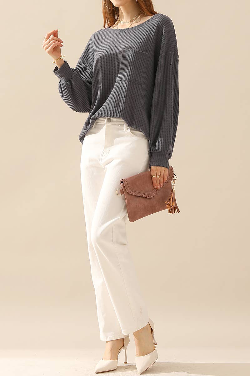 CWTTL1097_SHIRING CUFF R NECK SWEATER KNIT TOP