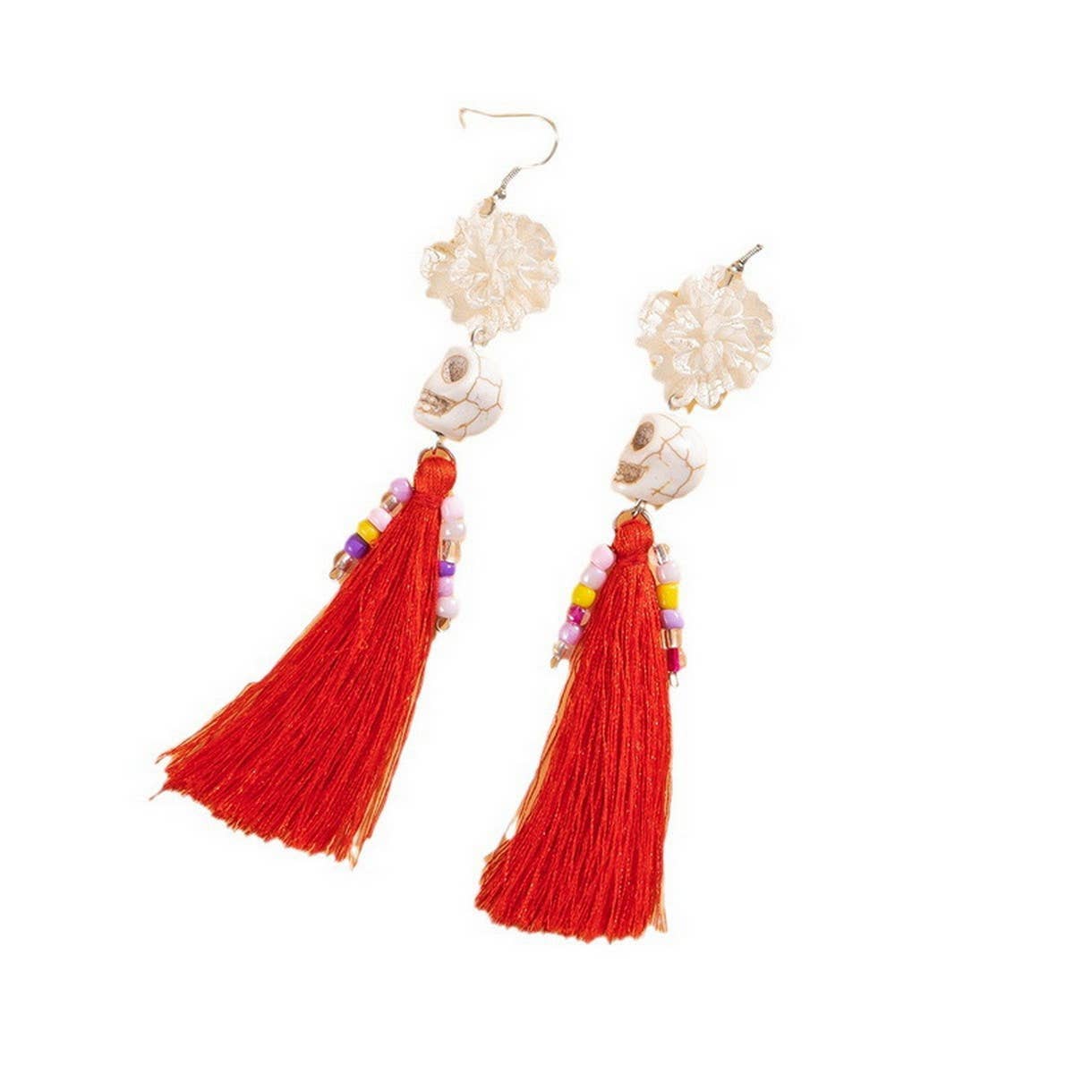 HALLOWEEN SKULL TASSEL RICE BEAD EARRINGS