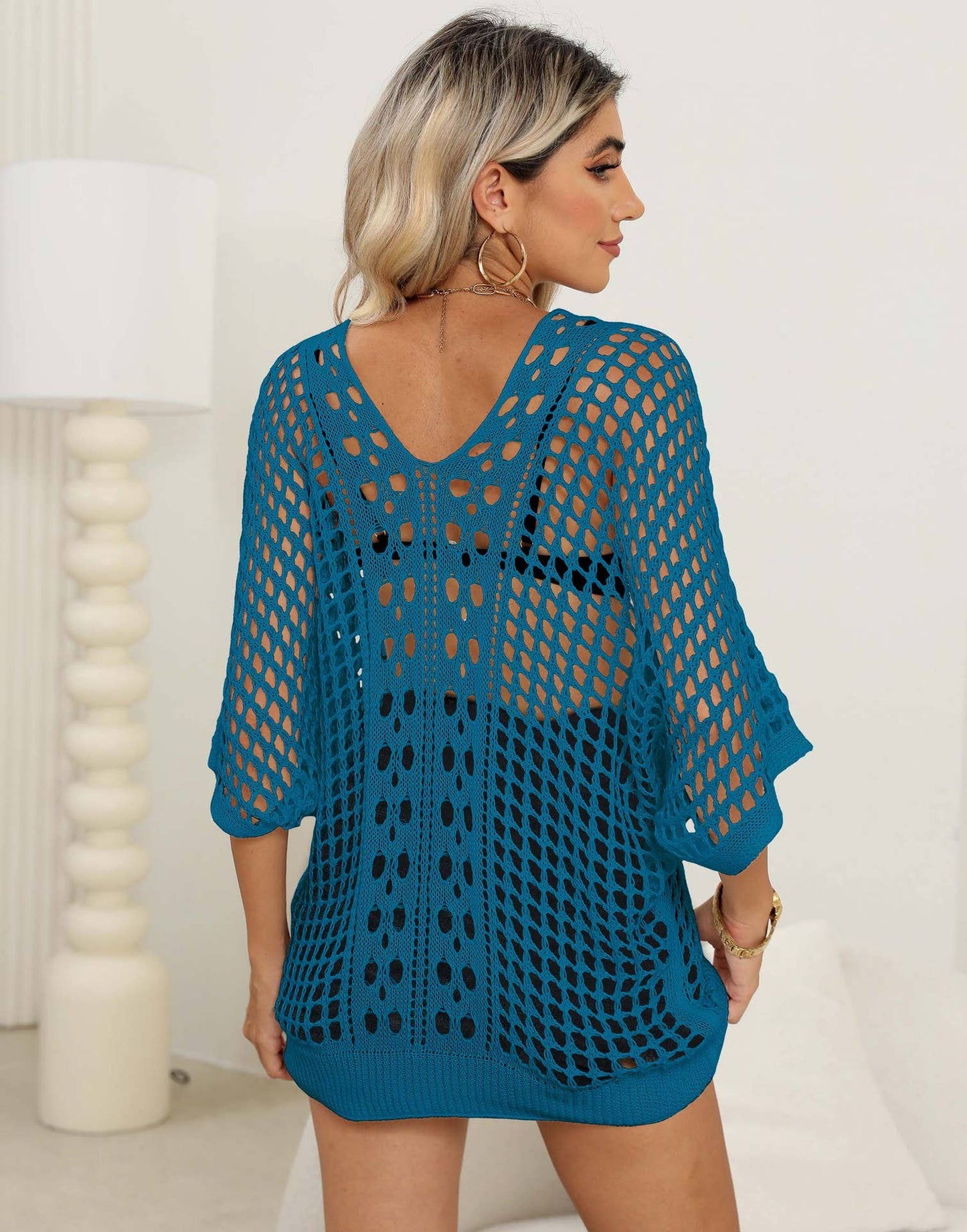 CUT-OUT WOVEN BAT-SLEEVE LOOSE CASUAL TOP