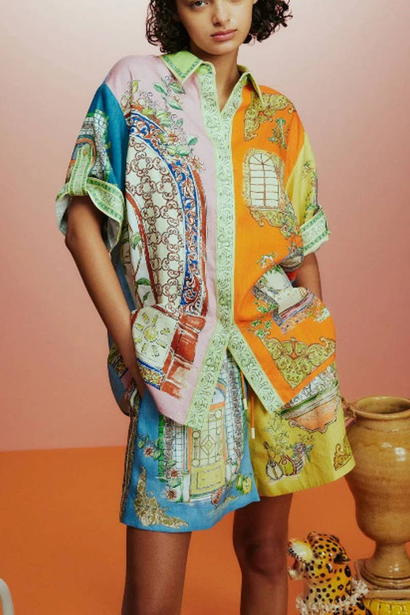 CWSS1237_CASUAL PRINTED SHIRT SHORTS TWO-PIECE SET