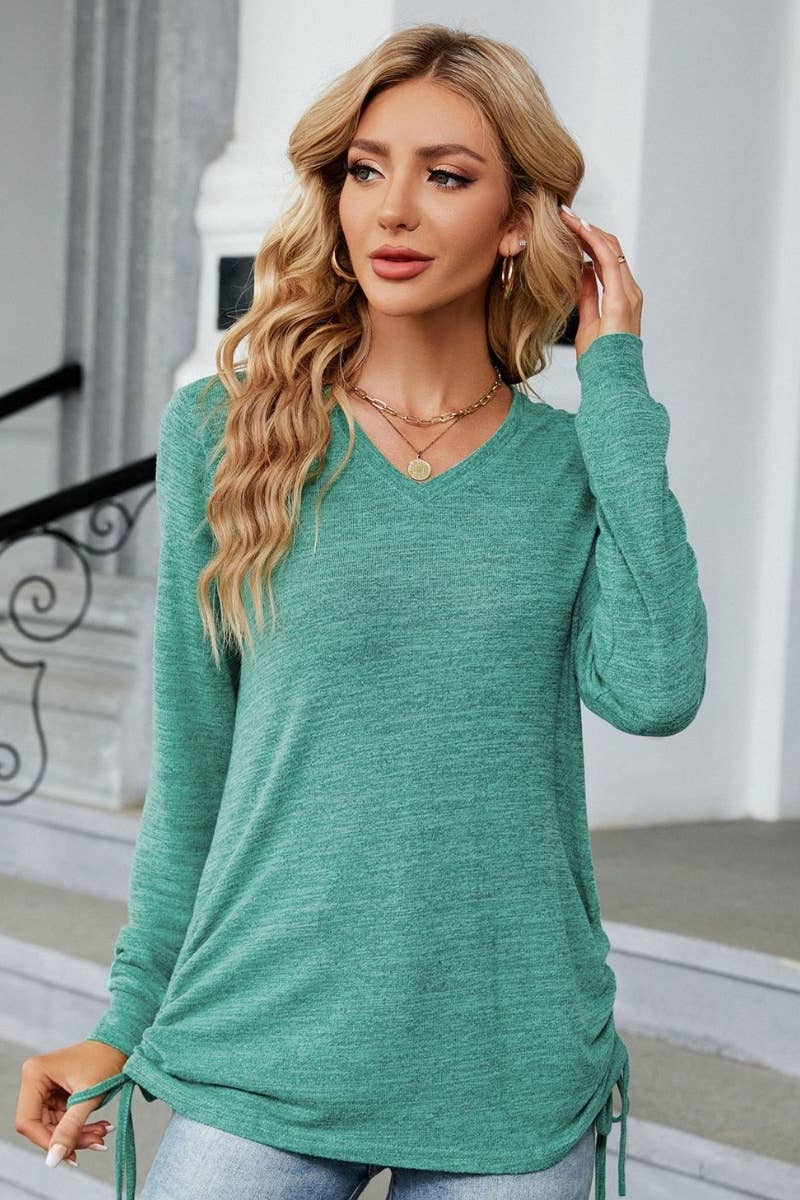 CWTBLL2690_FALL V-NECK PLEATED SOLID COLOR LONG-SLEEVED TOP