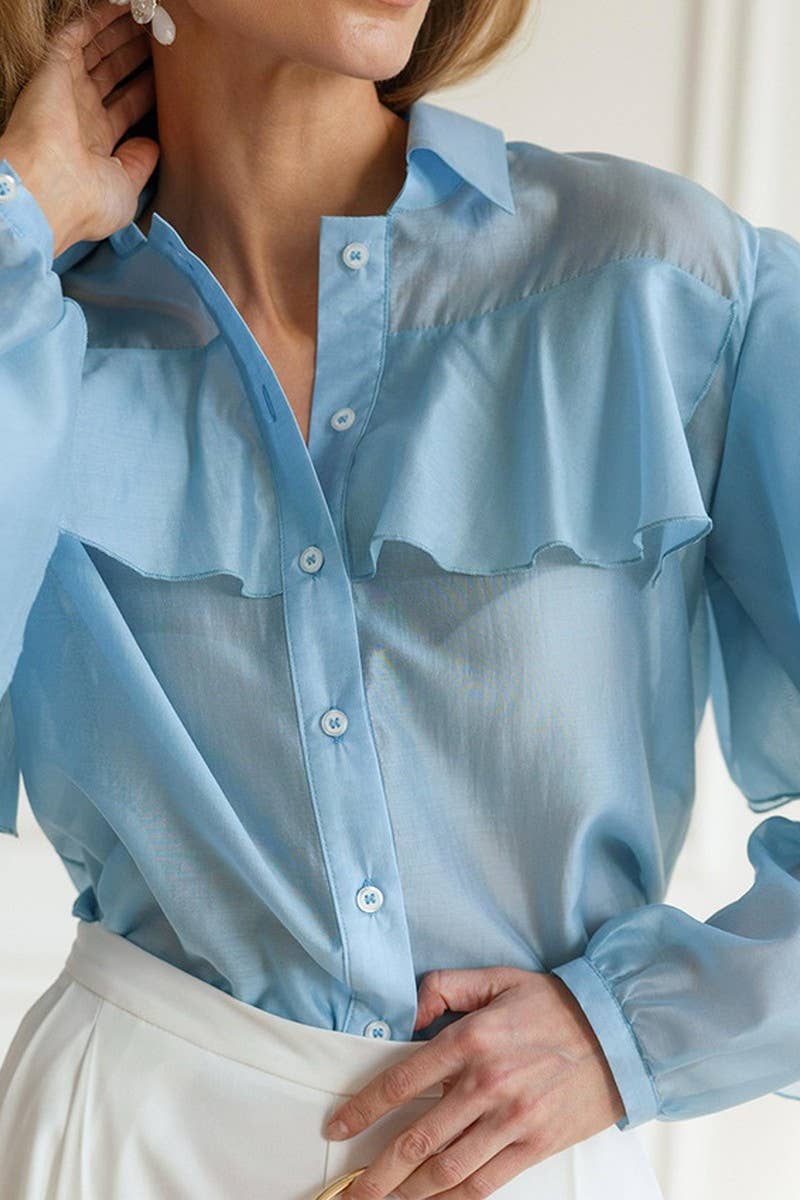CWTBLL00564_LOOSE LAPEL RUFFLED LONG-SLEEVED SHIRT