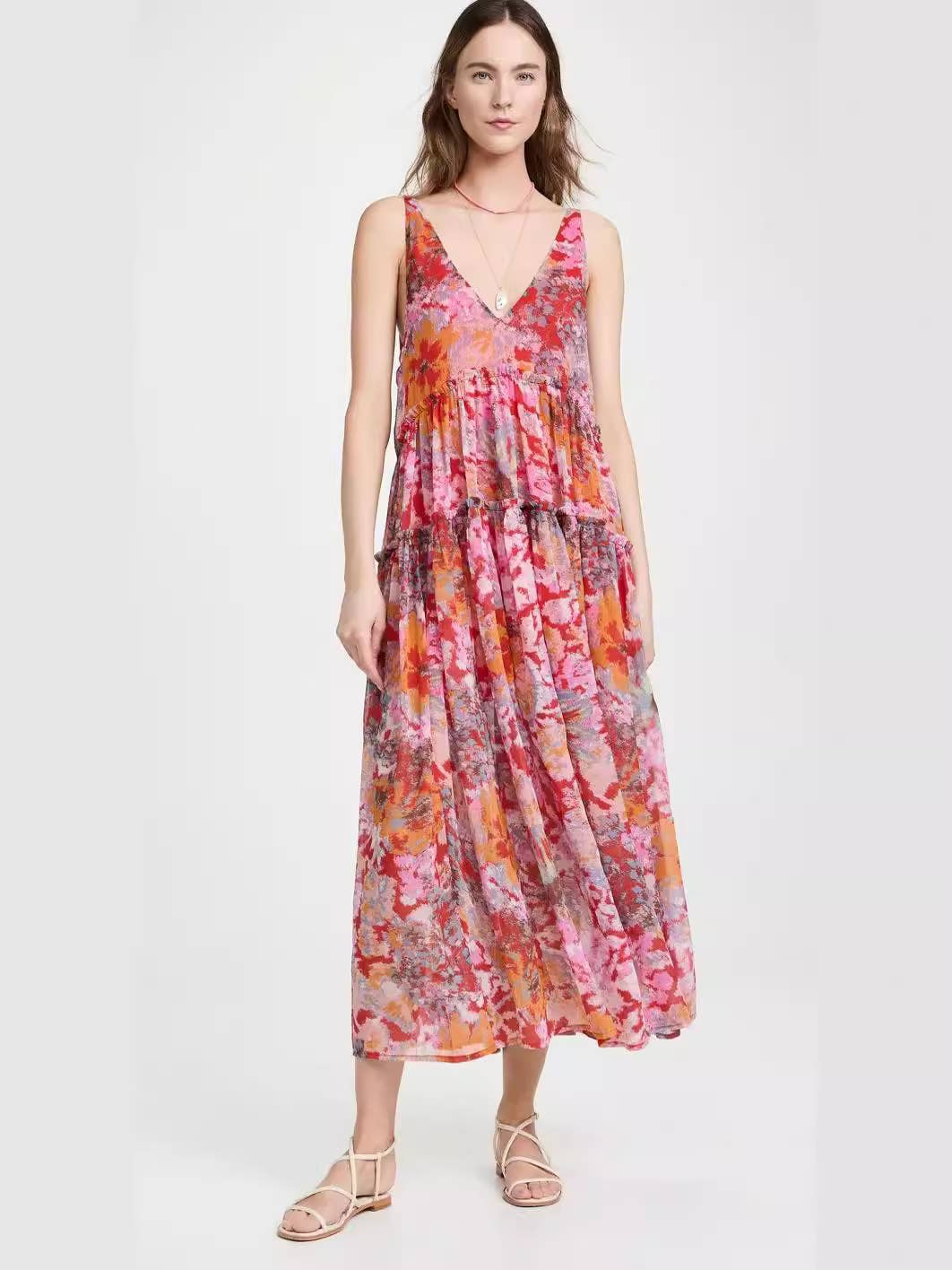 CASUAL LOOSE HOLIDAY CHIFFON PRINT HALTER DRESS