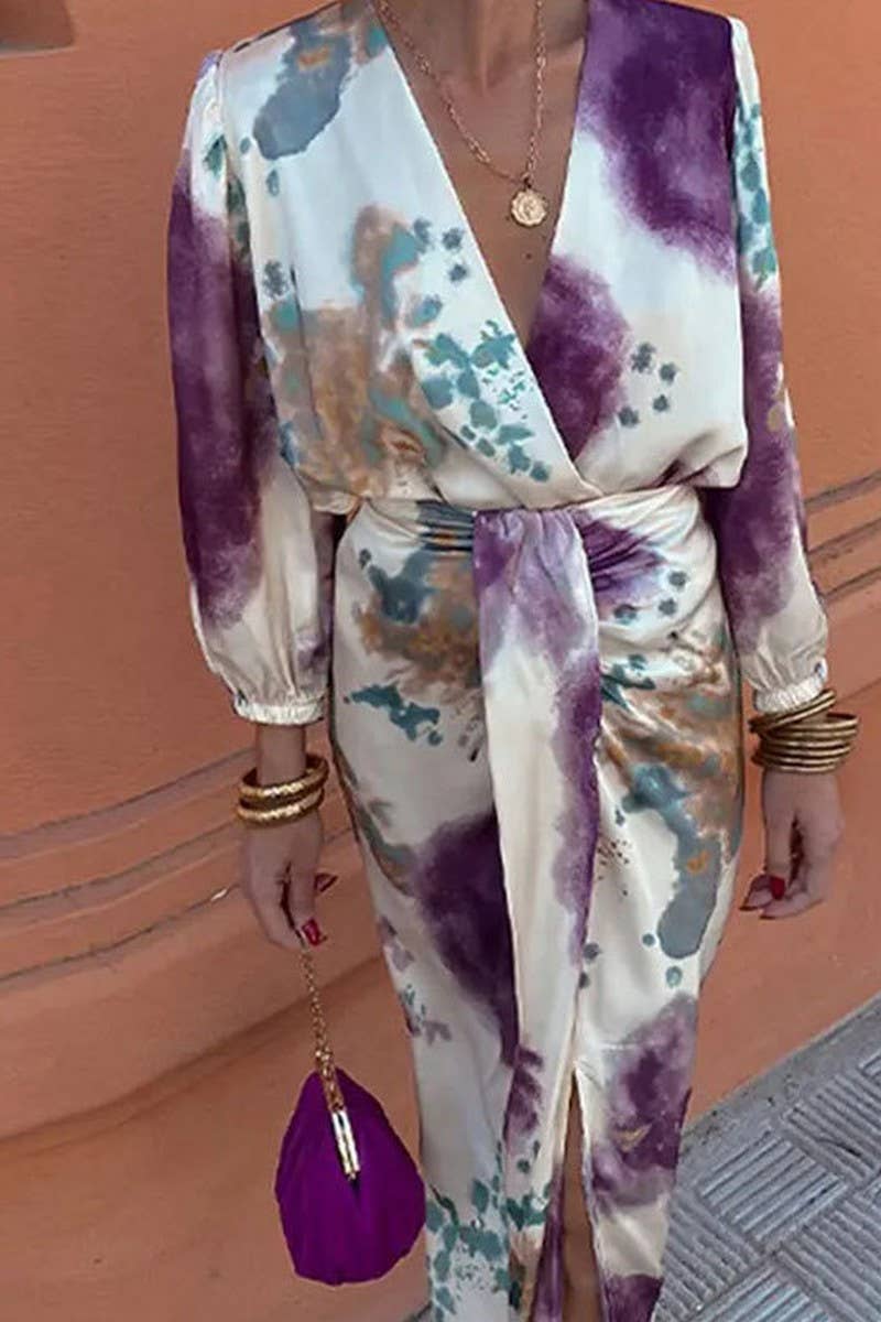 CWSS1248_V-NECK TEMPERAMENT LONG SLEEVE SLIT TWO-PIECE