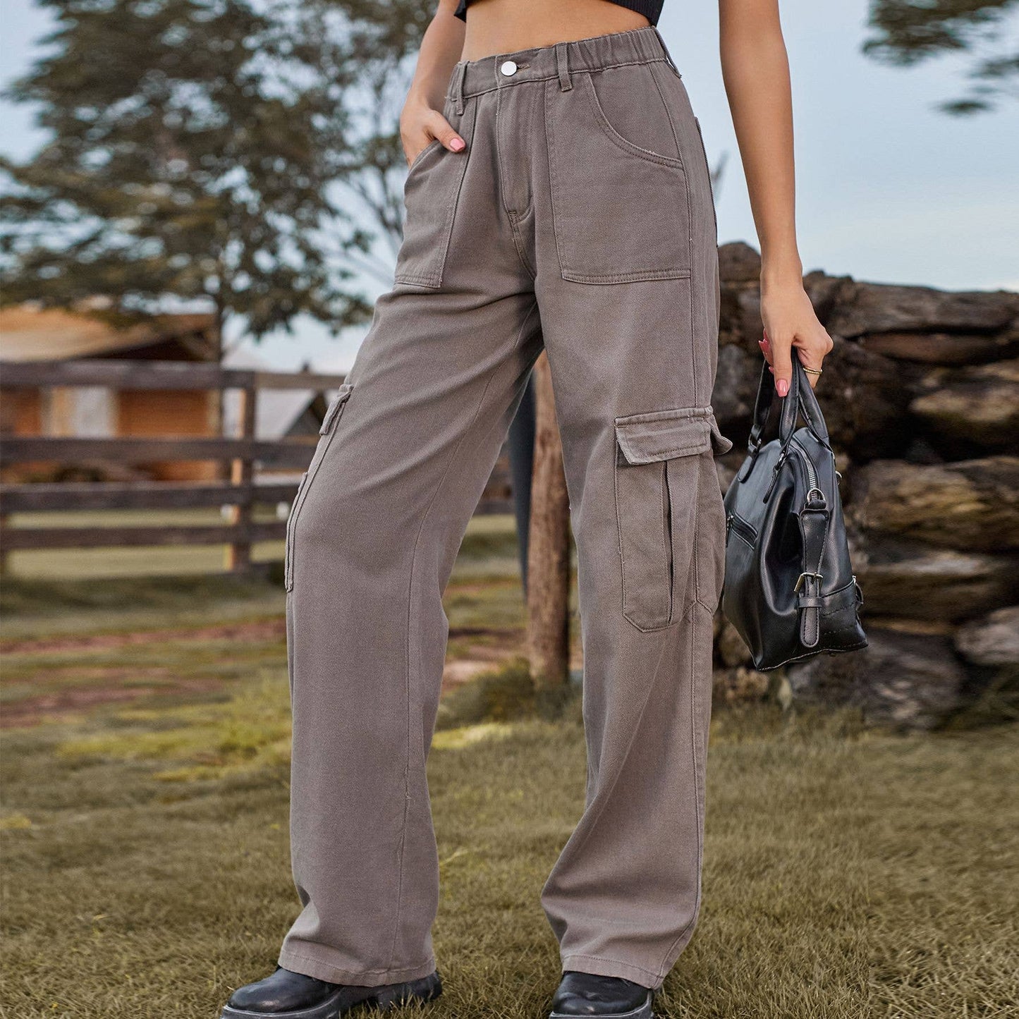 ELASTIC-WAISTED DENIM CASUAL CARGO PANTS
