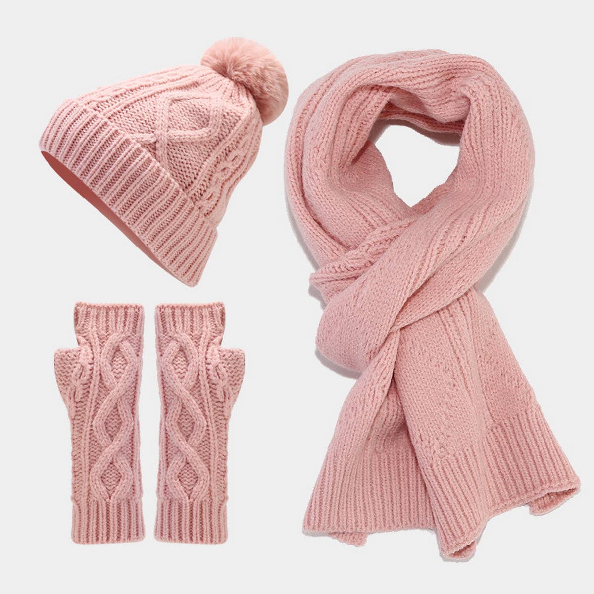 CABLE KNIT HAT, SCARF AND GLOVES THREE-PIECE SET_CWAH1580