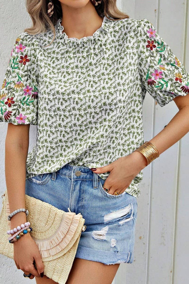 CWTTS1377_NEW SUMMER EMBROIDERY PRINT COLOR BLOCK TOP