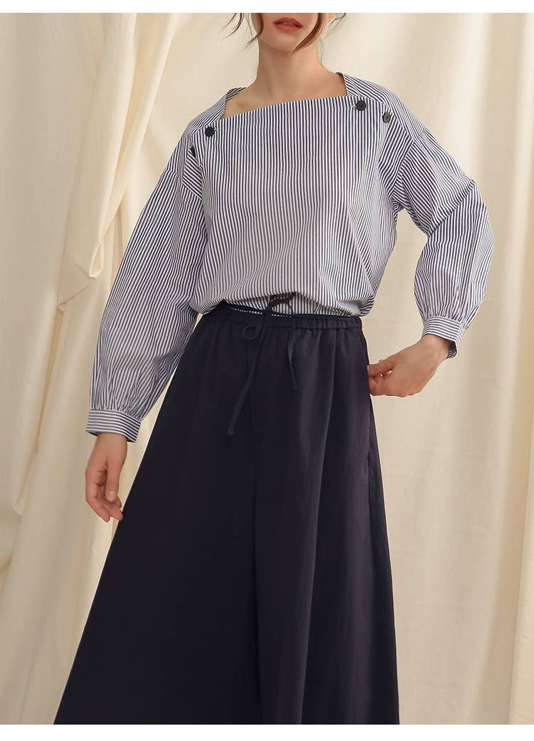 Commuter fold wear stripe long sleeve blouse
