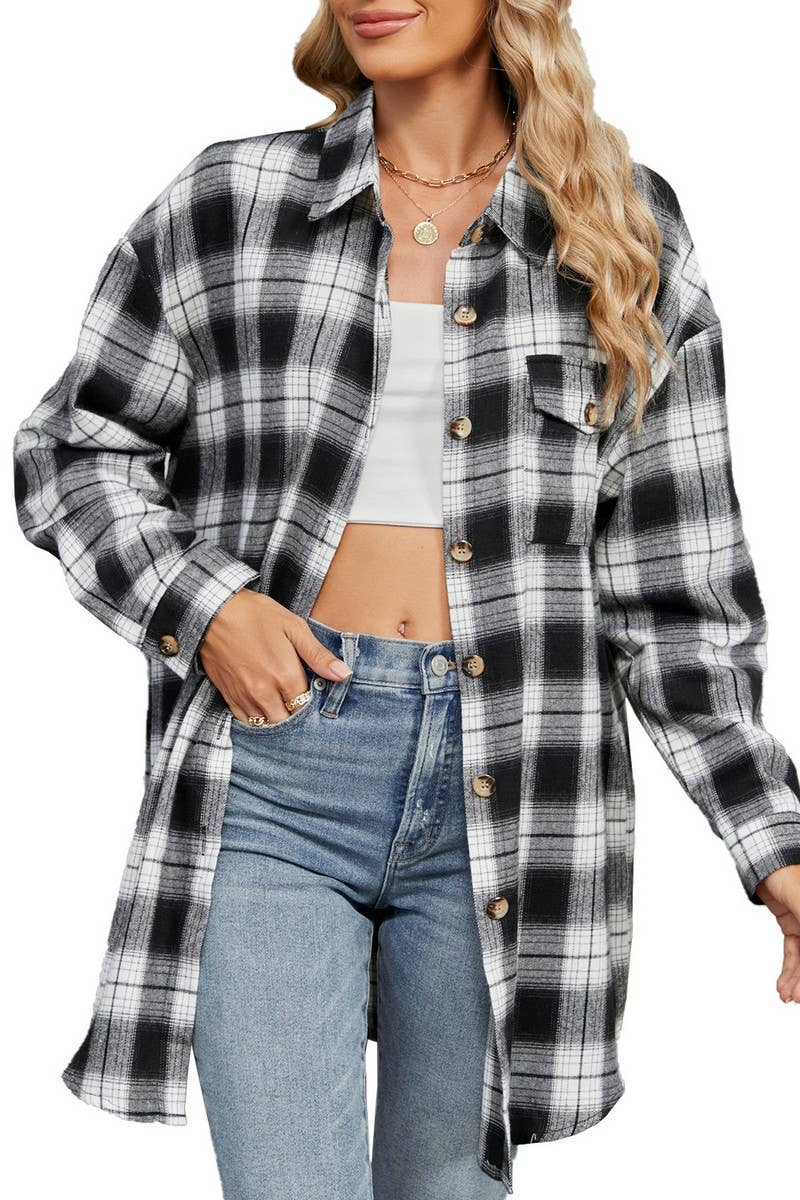 CWTBLL3745_AUTUMN AND WINTER STRIPED PLAID BUTTON-DOWN SHIRT