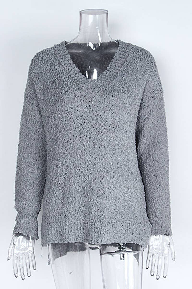 CWOSWL6820_GRAIN FLEECE V-NECK SPLIT PULLOVER SWEATER