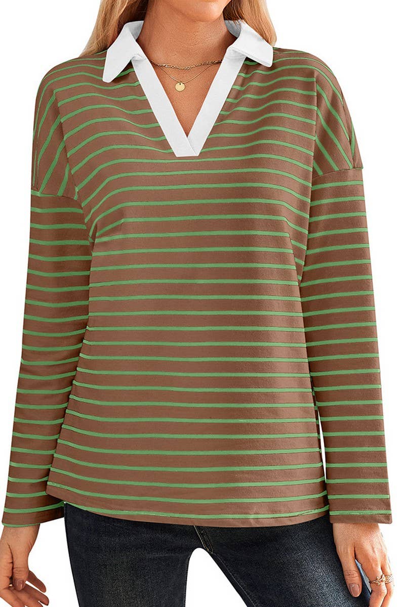 CWTBLL3674_STRIPED V-NECK LOOSE LAPEL SWEATSHIRT TOP