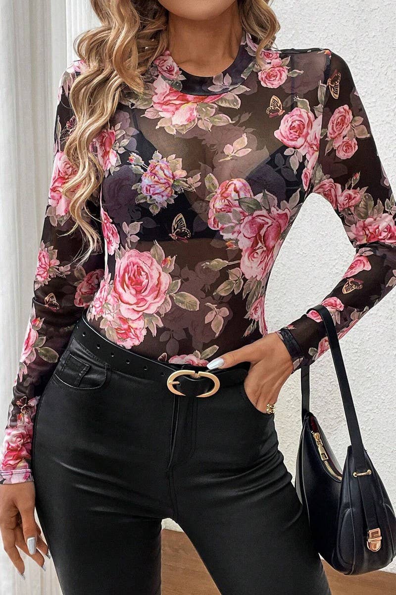 CWTBLL3479_FLORAL PRINT SMALL STAND COLLAR MESH SLIM FIT TOP