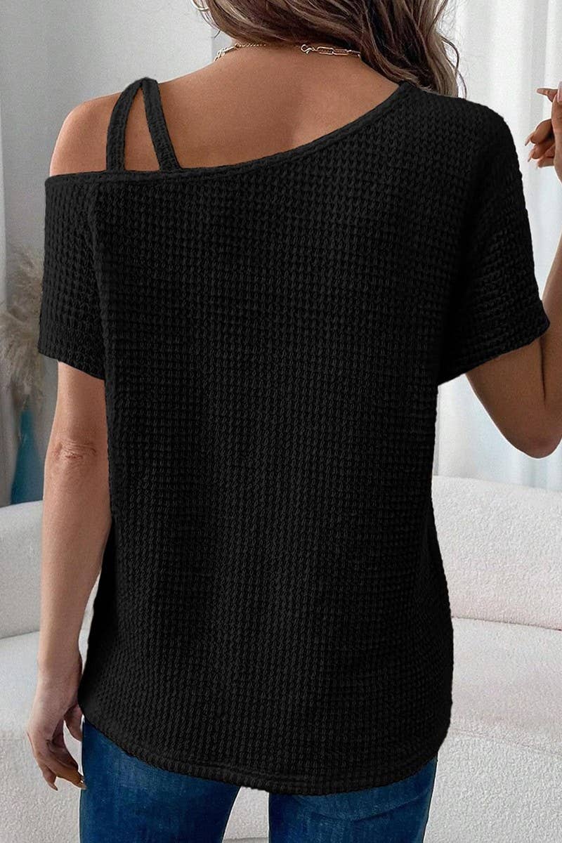 CWTBLS1617_SOLID COLOR OFF-SHOULDER SHORT-SLEEVED KNIT TOP