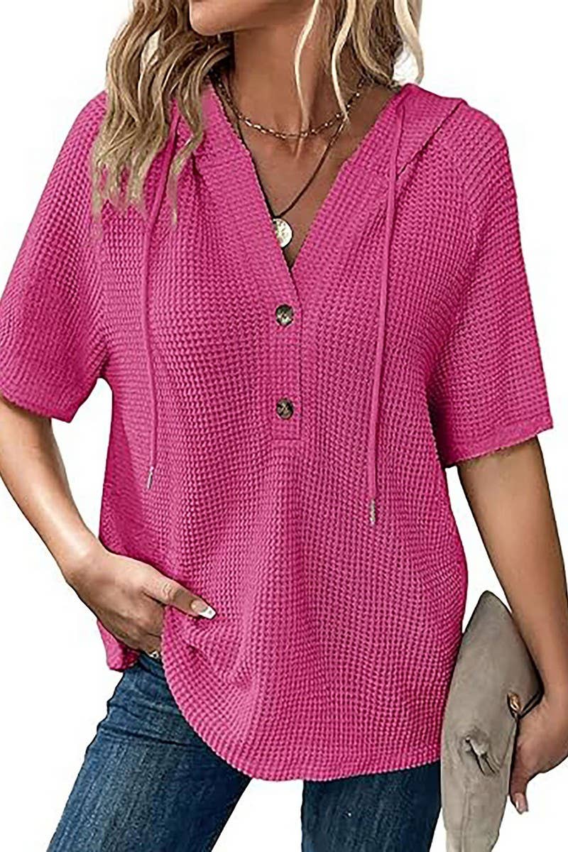 CWTBLS1773_WAFFLE DRAWSTRING HOODED SHORT-SLEEVED TOP